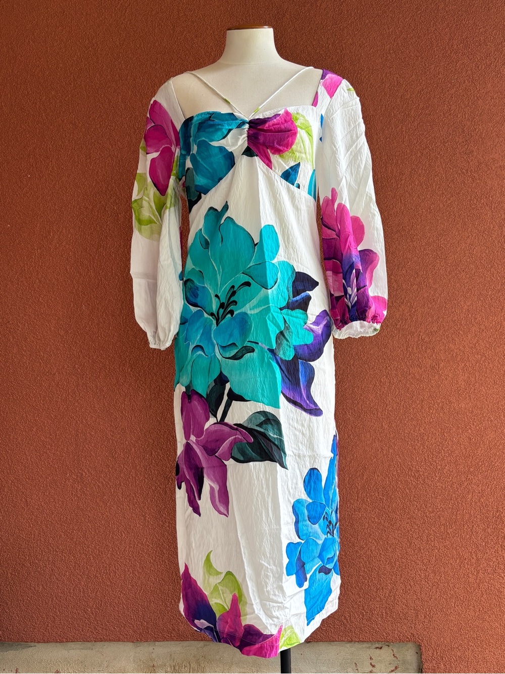 Anthropologie White Midi Dress with Teal, Magenta & Blue Floral Print